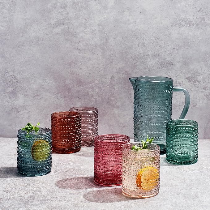 Khen Hobnail Beaded Pitcher & Tumbler Glasses Set | Set of 6 Glasses & Carafe| - Image 4