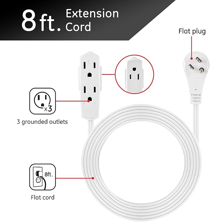 GE 3-Outlet Flat Extension Cord 8 Ft Grounded Extension Cord - Image 2