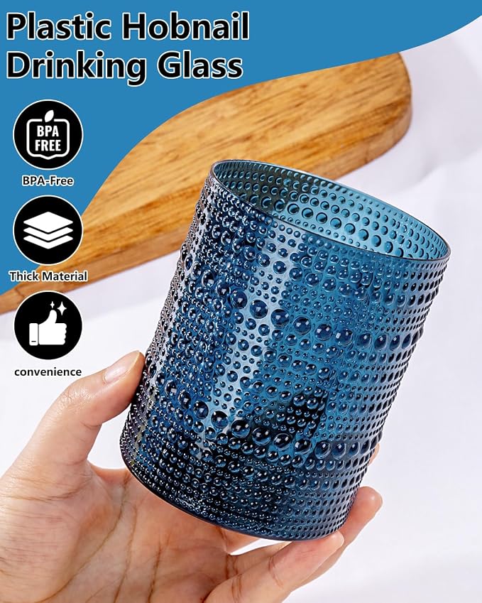 YOUBET 24PCS Plastic Drinking Glasses - 14OZ Blue Hobnail Drinkware Glasses - - Image 4