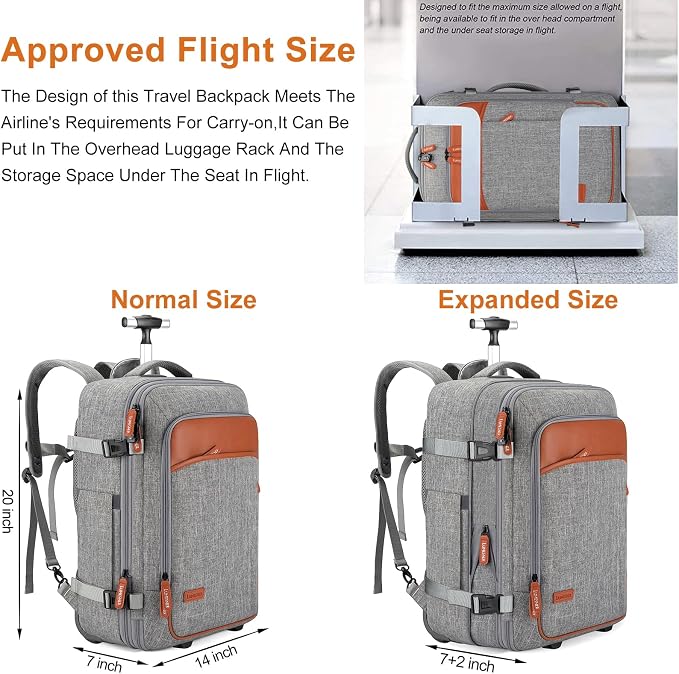 Lumesner Rolling Backpack for Men and Women, Extra Large 42L Travel Backpack - Image 3