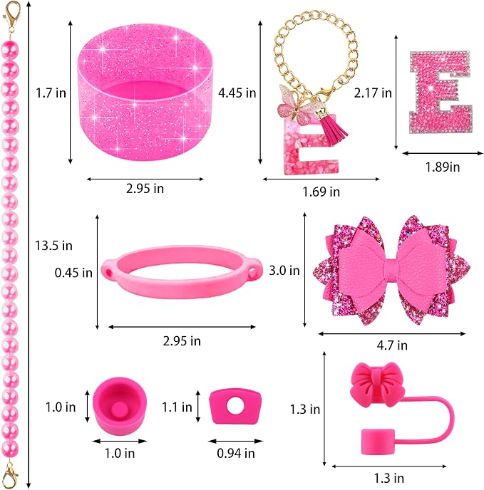 9PCS Hot Pink for Stanley Cup Accessories Set Bling Initials Bow Charms for - Image 3