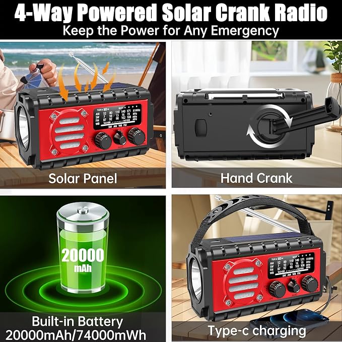 20000mah Emergency Radio, SW/NOAA/AM/FM Weather Radio, Solar Powered Hand Crank - Image 6
