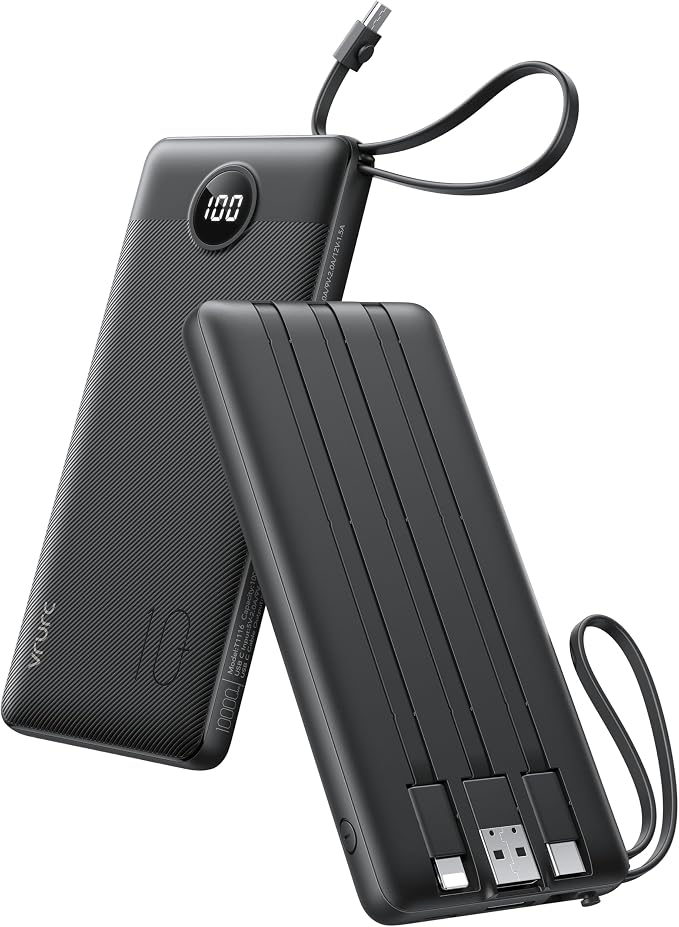 VRURC Portable Charger with Built in Cables, Slim Power Bank 10000mAh, USB C by Home