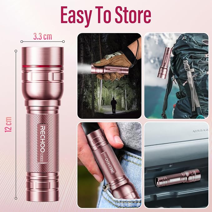 Flashlight Rechargeable High Lumens, G1000 Super Bright Flash Light Pink - Image 5