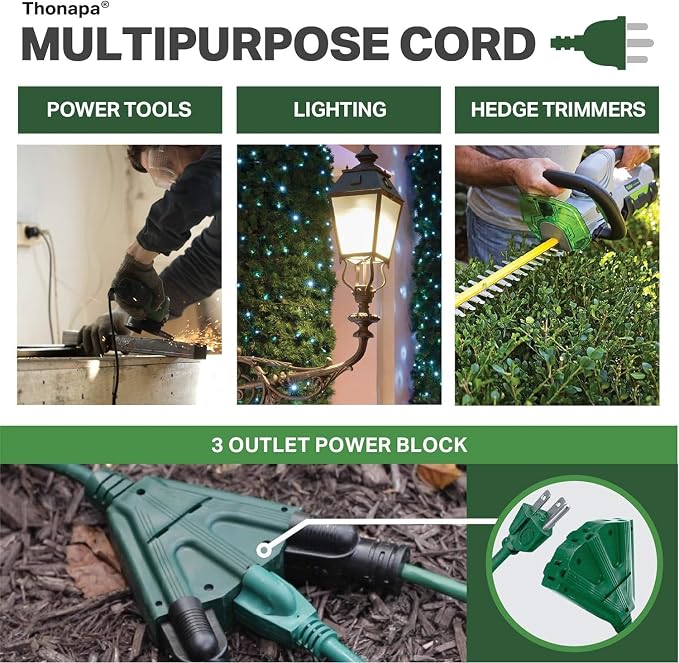 Thonapa Weatherproof Green Extension Cord 6 ft 3 Outlets, 16/3 SJTW Outdoor - Image 6