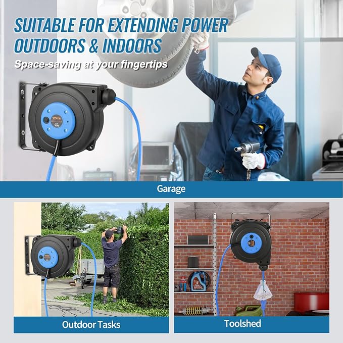 VEVOR Retractable Extension Cord Reel, 30 FT, Heavy Duty 16AWG/3C SJTOW - Image 6