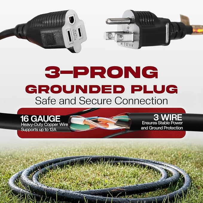 6ft Black Extension Cord, 16/3 SJTW Heavy-Duty, 3-Prong Grounded Plug, - Image 8