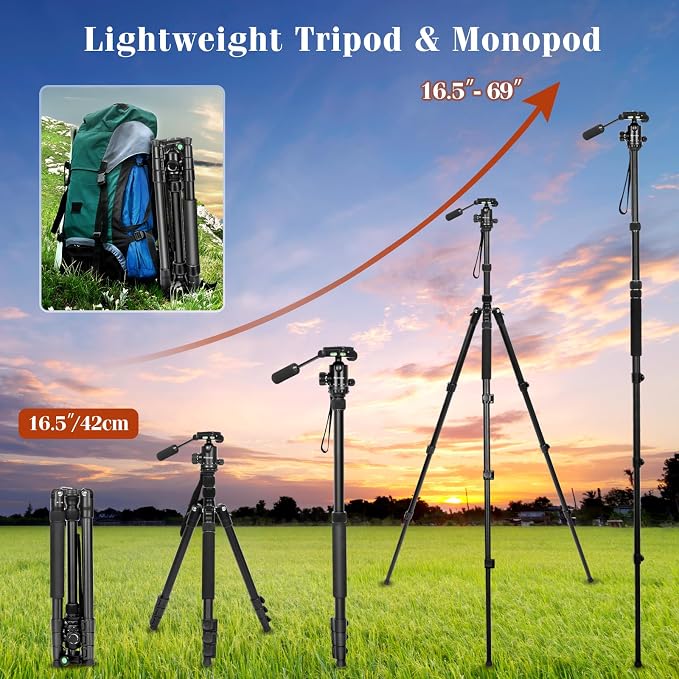 68" Ball Head Camera Tripod & Monopods, 360° Smooth Rotation V-Yoke Rifle - Image 6
