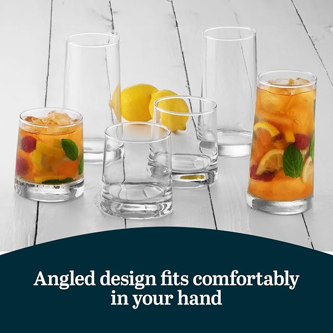 Libbey Cabos 16-Piece Rocks and Tumbler Glasses Set, Angled Glass Cups Set - Image 4