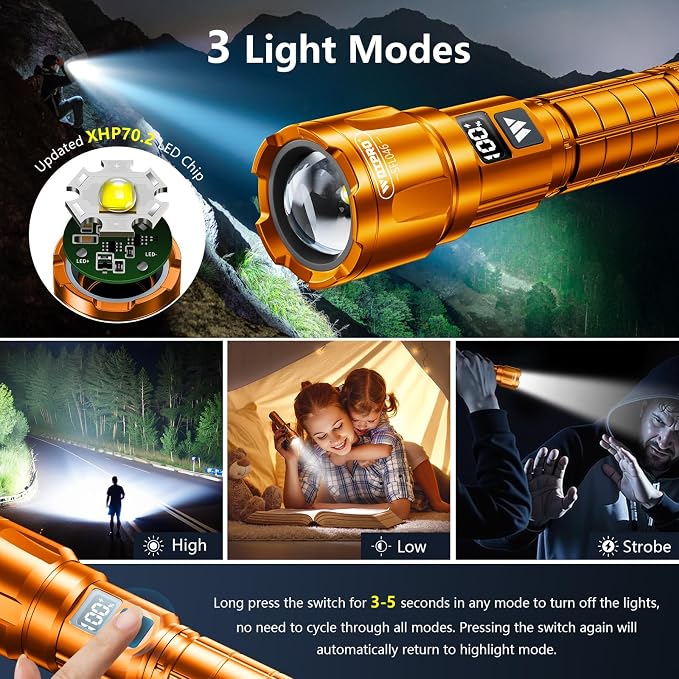 WdtPro LED Rechargeable Flashlight 2 Pack, Super Bright Zoomable 6000 Lumens - Image 3