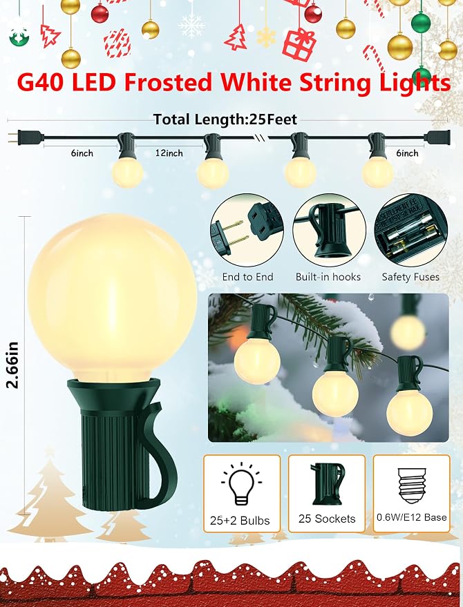 25Ft Outdoor Christmas Lights, Dimmable G40 LED Patio String Lights - Image 2