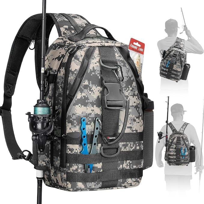 Piscifun Fishing Backpack with Rod Holder, Lightweight Sling Bag Storge Gear by Piscifun