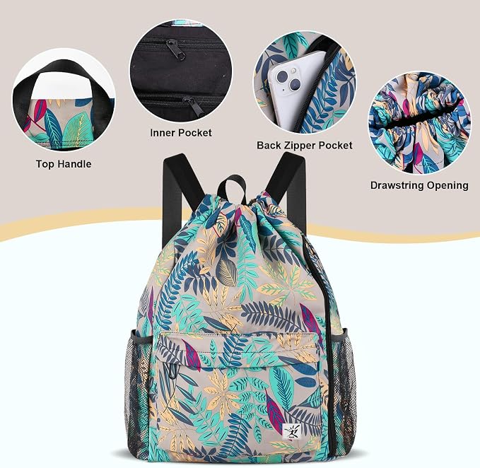 Drawstring Backpack with Mesh Pockets String Gym Bag Sackpack Sandproof Water - Image 4