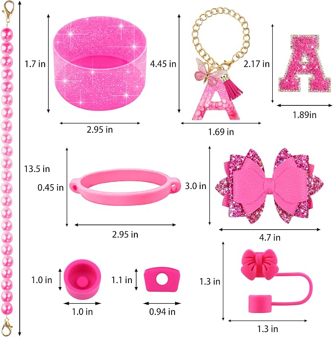 9PCS Hot Pink for Stanley Cup Accessories Set Bling Initials Bow Charms for - Image 3