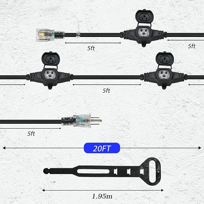 20FT 16 Gauge Multi-Outlet Outdoor Extension Cord, 4 Evenly Spaced Weatherproof - Image 2