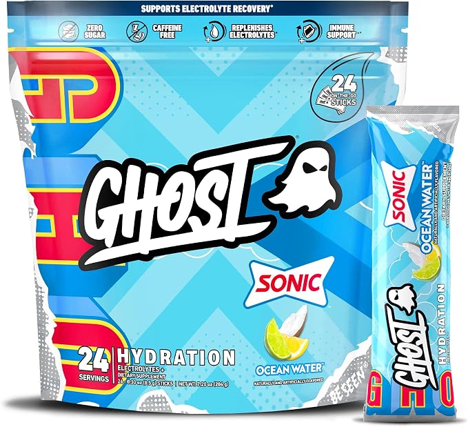 GHOST Hydration Packets, Sonic Ocean Water, 24 Sticks, Electrolyte Powder by GHOST