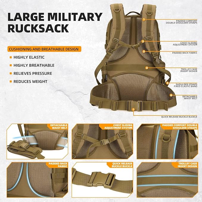 50L Military Tactical Backpack 3 Day Assault Pack Molle Daypack Hiking Backpack - Image 4