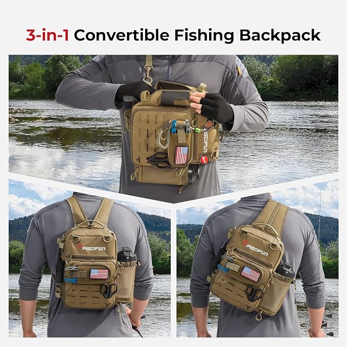 Piscifun Fishing Tackle Backpack, Convertible Sling or Waist Pack, 16-Pocket - Image 2