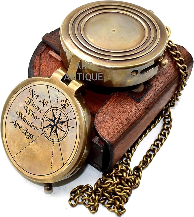 Vintage Brass Compass with Leather Case – Engraved “Not All Those Who Wander - Image 2