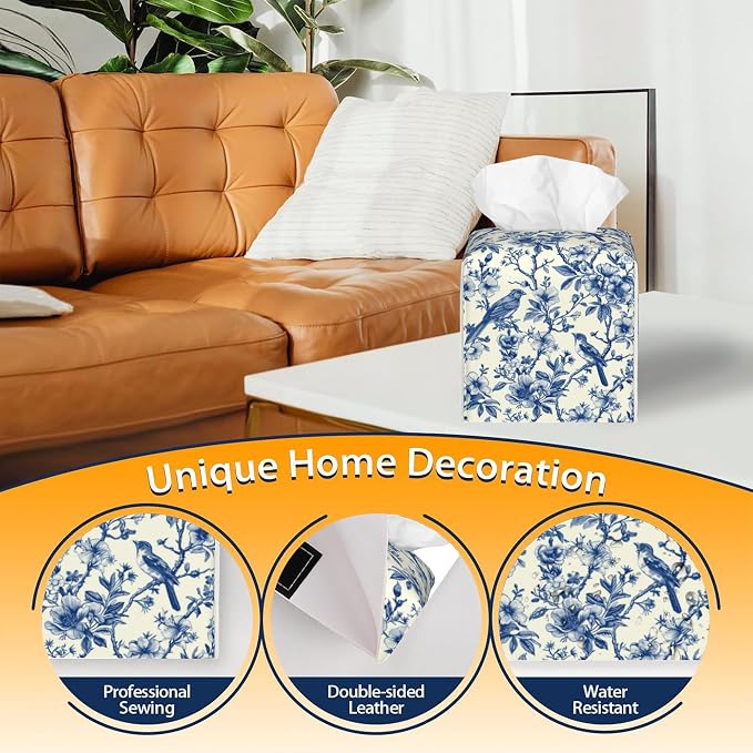 Tissue Box Cover Square, Vintage Floral and Blue Bird Tissue Box Holder - Image 4