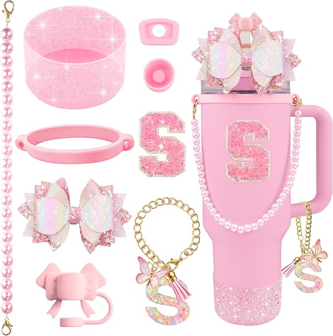 9PCS Pink for Stanley Cup Accessories Set 30/40 Oz Bling Initials Bow Charms by Unknown