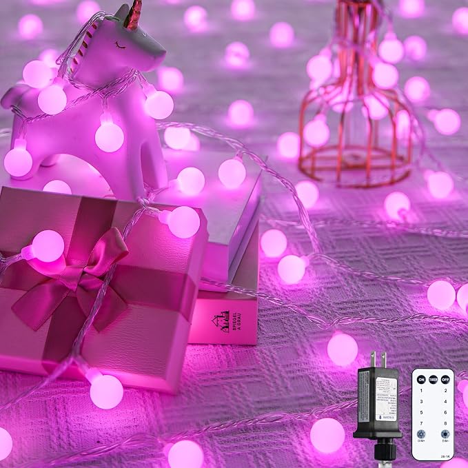 JMEXSUSS 100 LED Pink String Lights Indoor, 33 ft Connectable Globe Pink Lights by JMEXSUSS