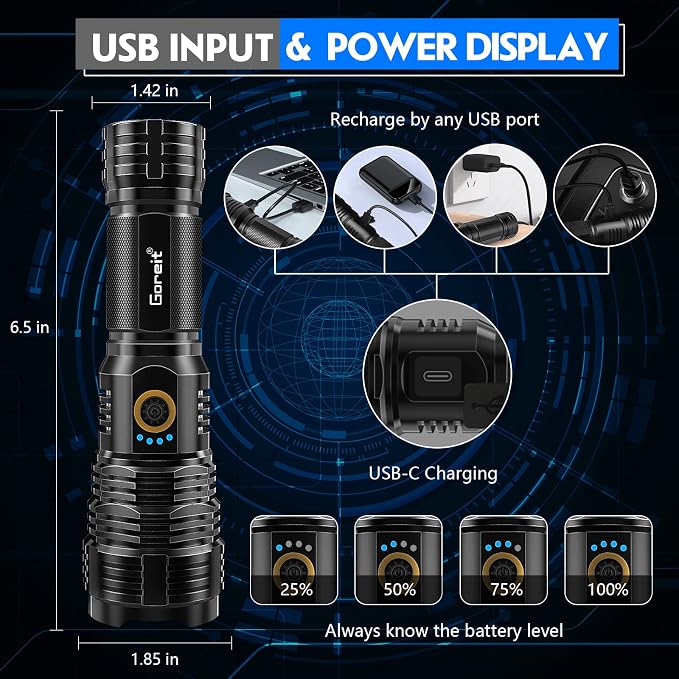 Flashlights LED High Lumens Rechargeable, Goreit 20, 000 Lumens XHP70.2 Super - Image 3