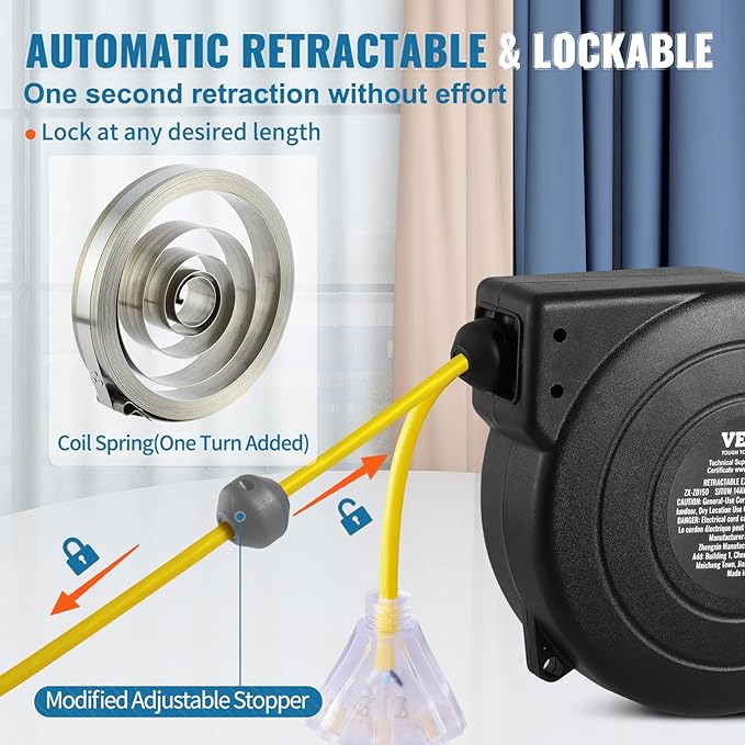 VEVOR Retractable Extension Cord Reel, 50 FT, Heavy Duty 14AWG/3C SJTOW - Image 5