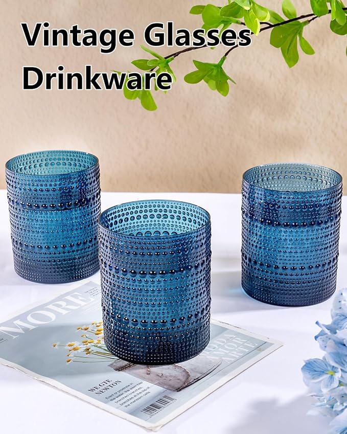 YOUBET 24PCS Plastic Drinking Glasses - 14OZ Blue Hobnail Drinkware Glasses - - Image 5