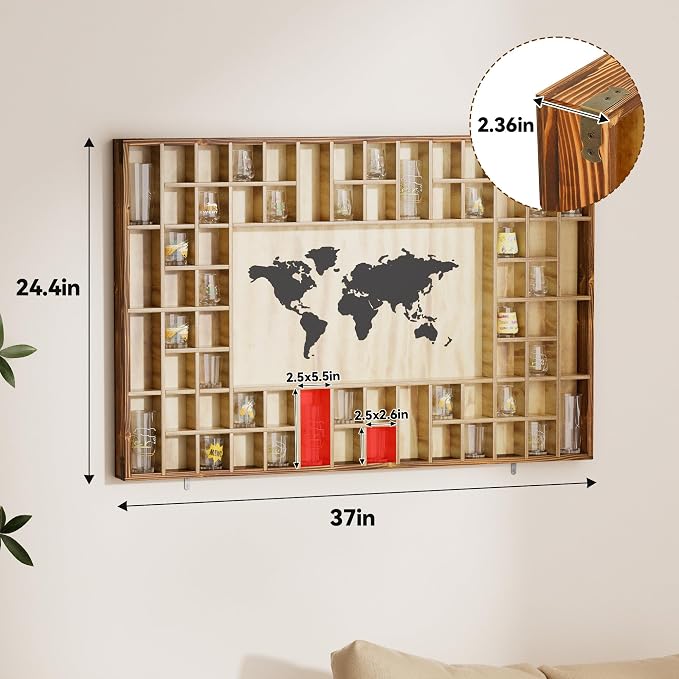 68 Large World Map Shot Glass Display Case Rustic Shot Glass Holder 37x 24.4in - Image 2