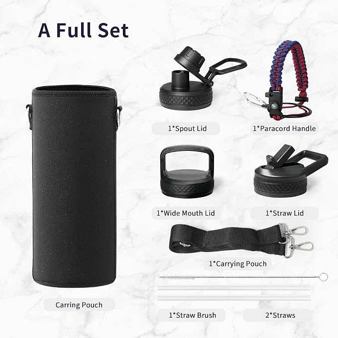 Trebo 40oz Water Bottle with 3 Lid and handle, Vacuum Insulated Stainless Steel - Image 7