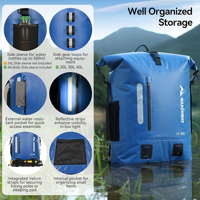MARCHWAY Roll Top Waterproof Backpack, Floating Dry Bag 20L/30L/45L - Image 2