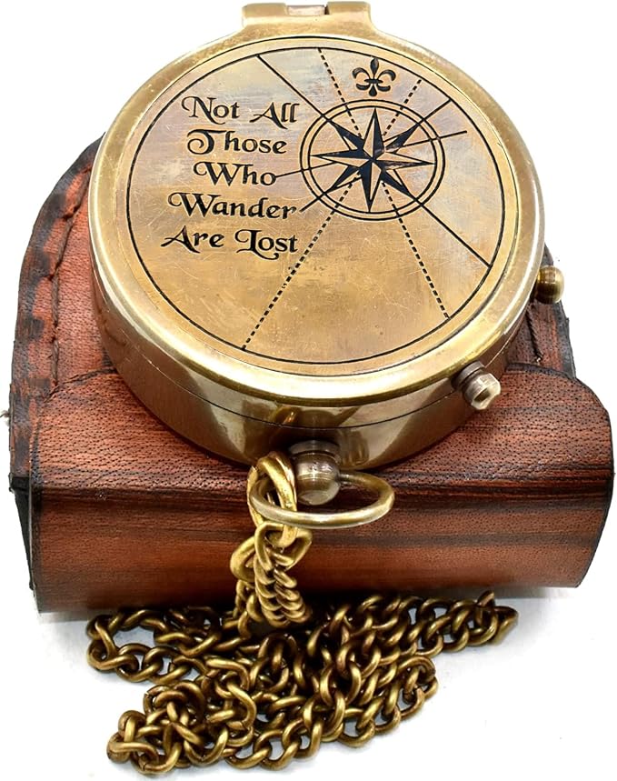 Vintage Brass Compass with Leather Case – Engraved “Not All Those Who Wander by Unknown