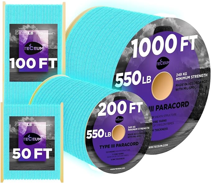 TECEUM Reflective Paracord Rope 1000 – 1000ft/200ft/100ft/50ft – 40+ Colors – by TECEUM