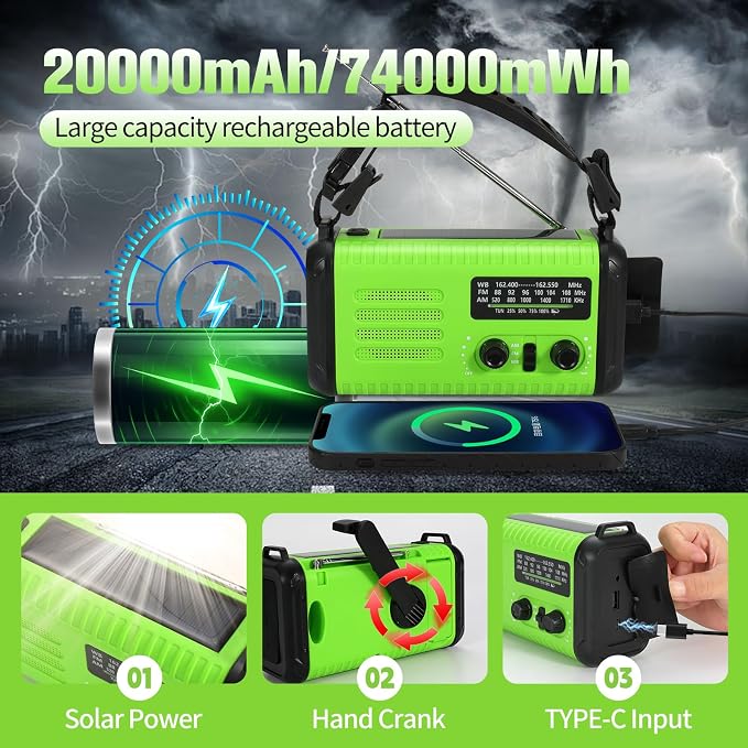 20000mAh / 74000mWh Emergency Crank Radio, NOAA/AM/FM Portable Weather Radio - Image 3