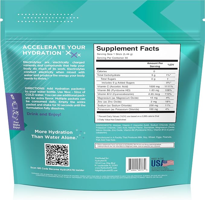 Electrolyte Powder Sugar-Free Hydration Packets Acai Berry HydroMATE 30 Sticks - Image 4