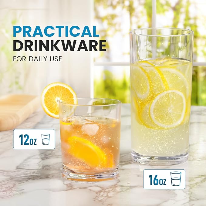 Zulay Kitchen Plastic Drinking Glasses – Mixed 16oz & 12oz Acrylic Shatterproof - Image 3