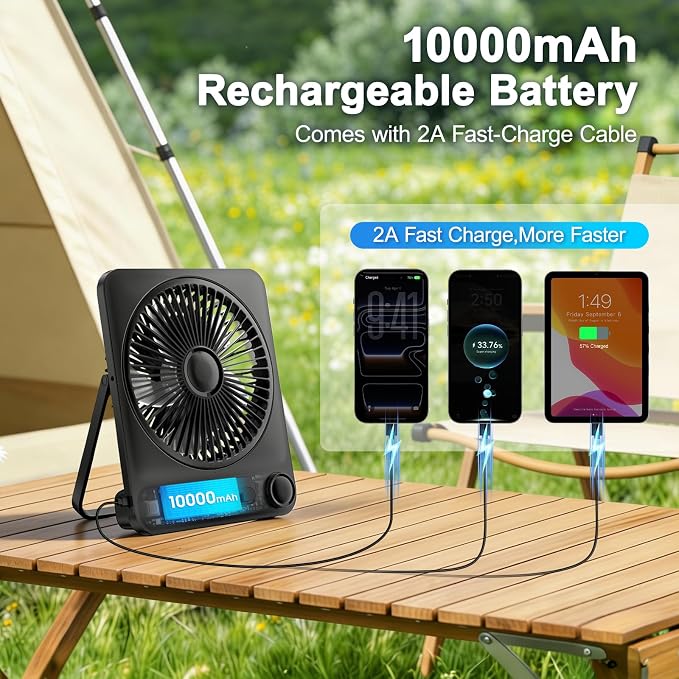 WHATOOK Large Travel Desk Fan: 10000mAh Battery 40 Hours Runtime Silent - Image 7
