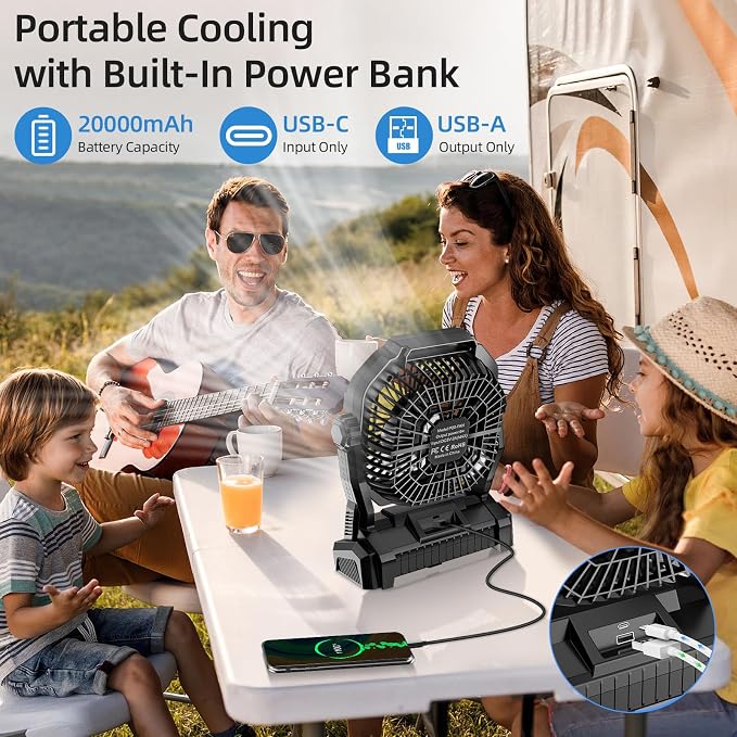 Camping Fan Rechargeable, 20000mAh Battery Powered Portable Fan - Image 3