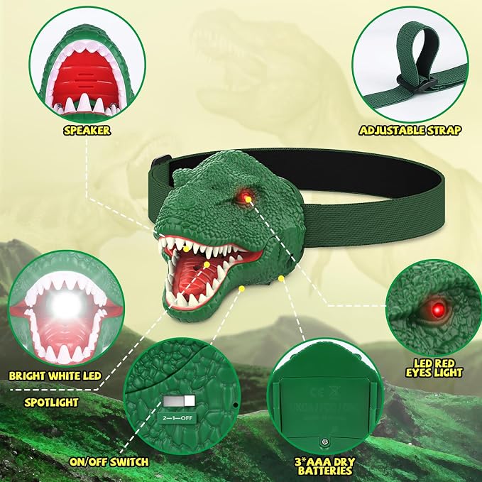 Nitigo Dinosaur Headlamp for Kids Flashlight Led Headlights Roar & Silent Mode - Image 2
