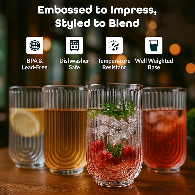 Glaver's Vintage Glassware Art Deco Glasse Ribbed Drinking Glasses U-Shape Arch - Image 3