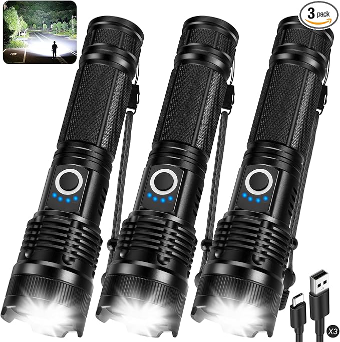 3 Pack Rechargeable Flashlights High Lumens, 990000LM Super Bright LED by BEFAMALI