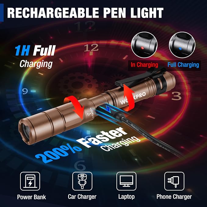 WORKPRO Rechargeable Pen Light, Mini Flashlight, 2 Pack Ultra-Compact EDC - Image 3