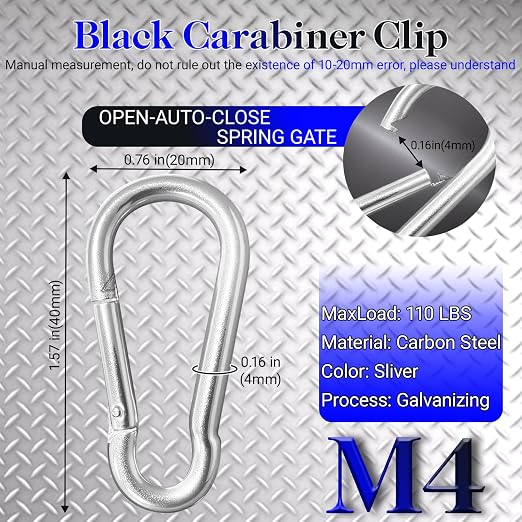 50 Pack 1.57" Heavy Duty Carabiner Clips, M4 Sliver Galvanized Steel Spring - Image 2