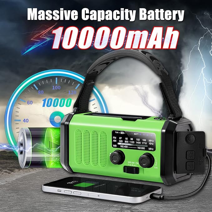 Leaton Emergency Radio with Solar/Hand Crank/USB Charging, 10000mAh - Image 2