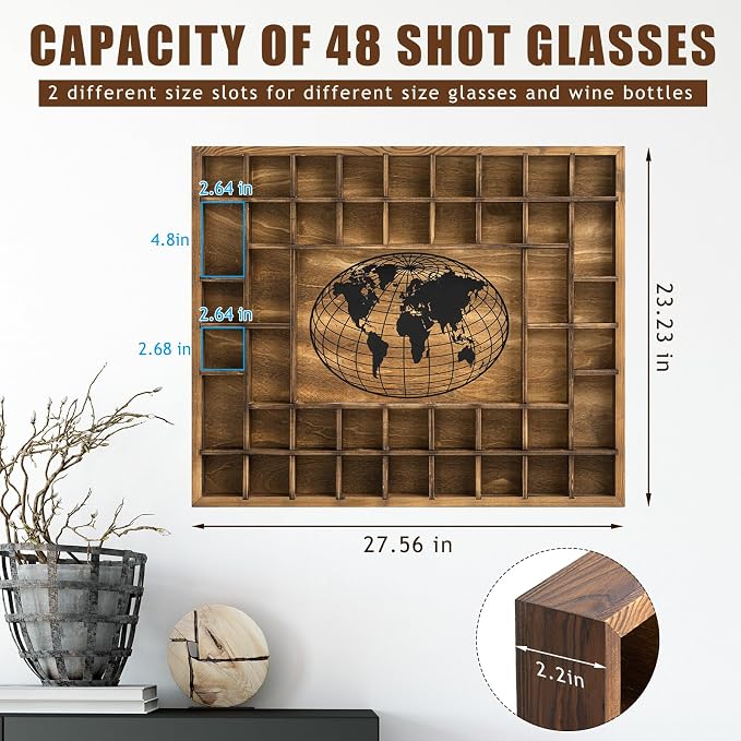 GlikCeil 44 Slots 28 x 23'' Medium World Map Shot Glass Display Case Rustic - Image 2