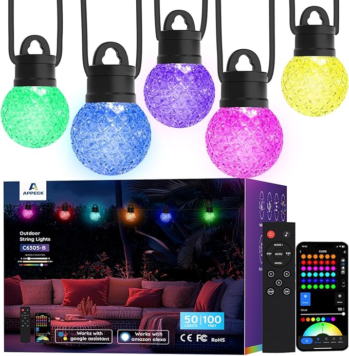 APPECK Outdoor String Lights 100ft, RGBW Color Changing Patio Lights by APPECK