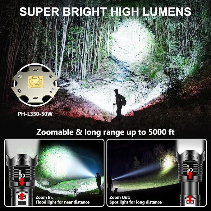 Super Bright Flashlight High Lumens 100000 Rechargeable, Strong 50W LED - Image 2