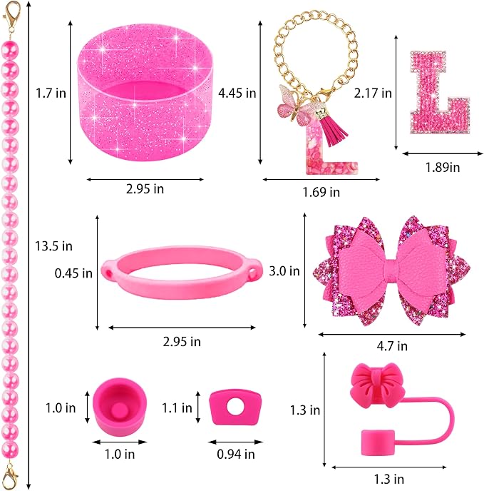 9PCS Hot Pink for Stanley Cup Accessories Set Bling Initials Bow Charms for - Image 3