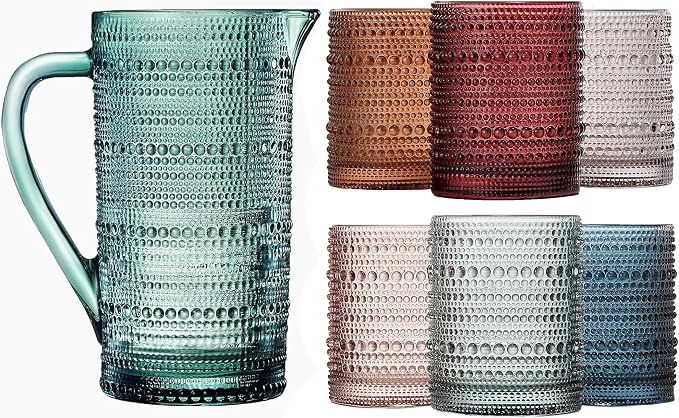 Khen Hobnail Beaded Pitcher & Tumbler Glasses Set | Set of 6 Glasses & Carafe| by Khen